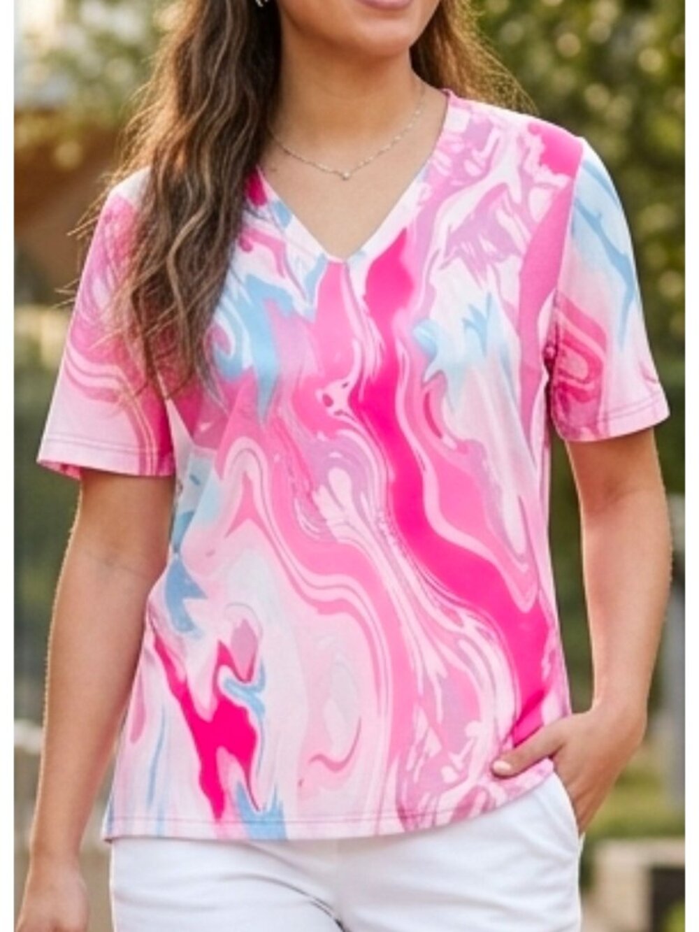 Team 365 Womens Pink Swirl Short-Sleeve V-Neck Moisture-Wicking Jersey Athletic
